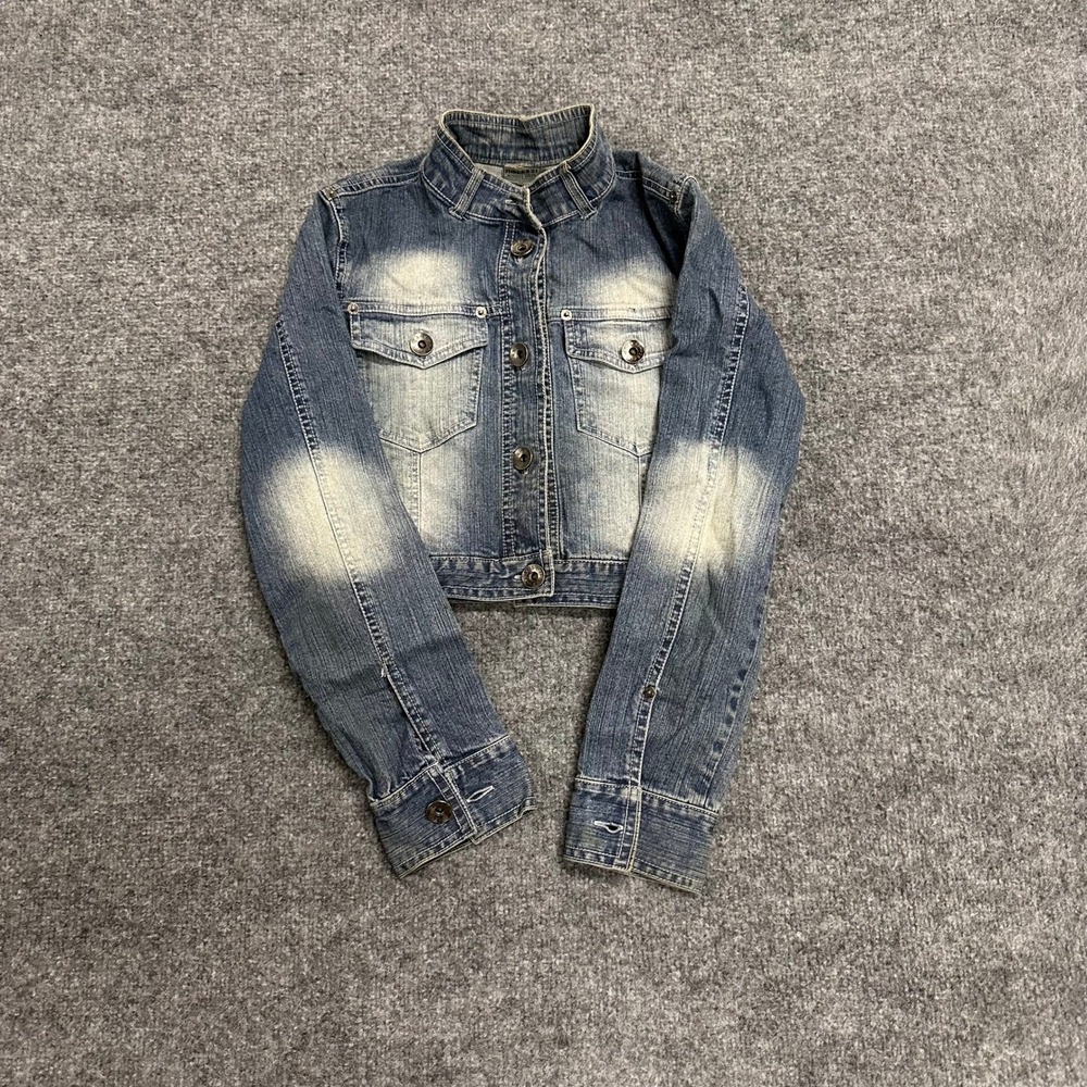 Riflessi Denim Jacket Womens Size M Blue Cropped Stretch Faded Y2K Mock Neck Rip